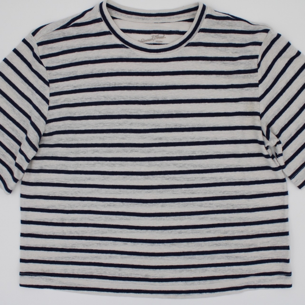 Navy & Gray Striped Modest Crop Tee – Size XS